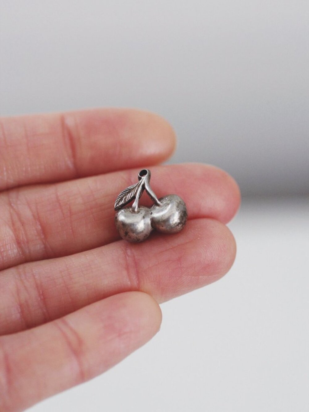 Sterling Silver Cherry Pendant Charm Vintage Retro Antiqued Fruit Whimical